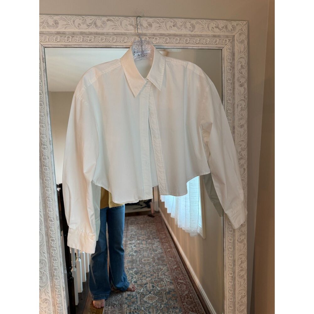 Miou Muse White Cropped Button Up Shirt, Cotton Poplin, Boxy Chic